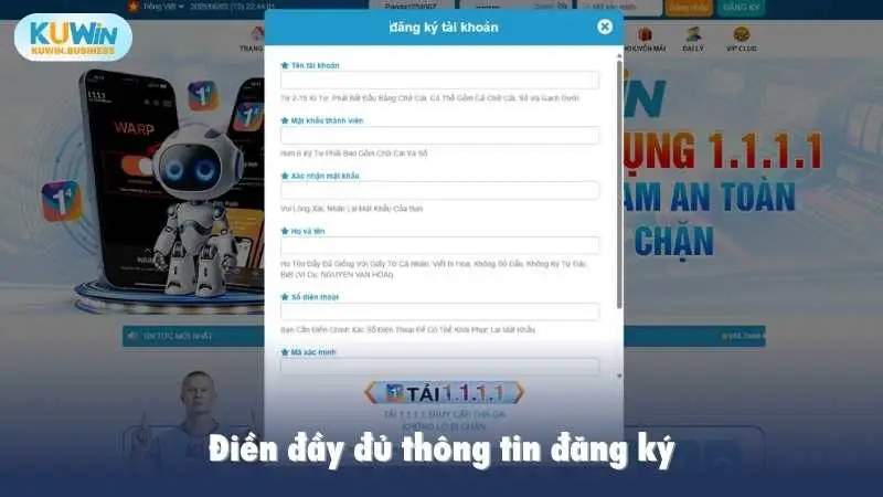 Điền đầy đủ thông tin đăng ký tại nhà cái Kuwin